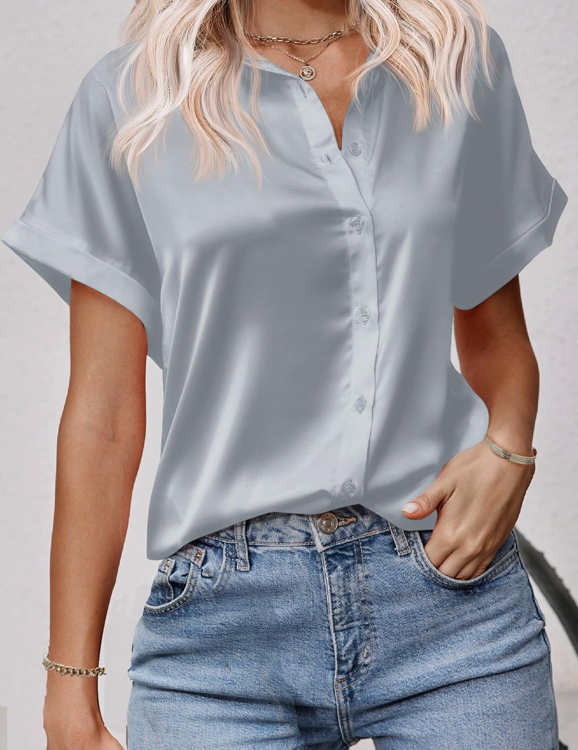HOTOUCH Silk Button Down Shirts for Women Satin Short Sleeve V Neck Casual Work Office Blouse Tunic TopsGrey