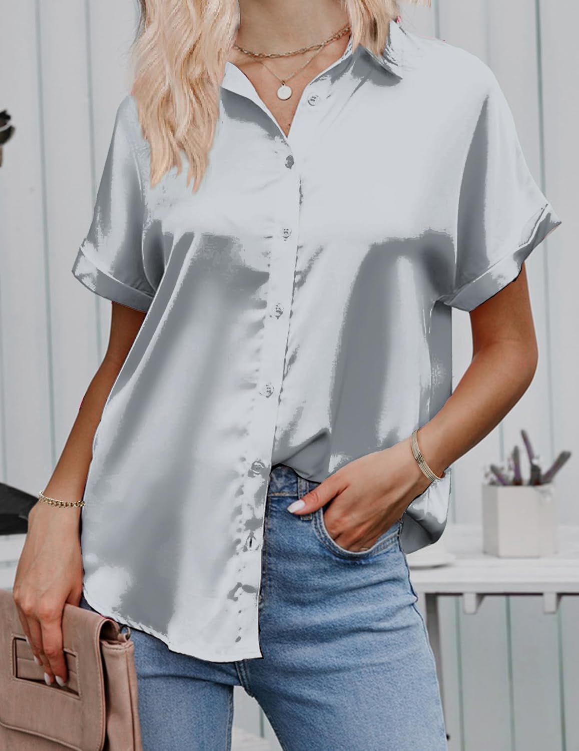 HOTOUCH Silk Button Down Shirts for Women Satin Short Sleeve V Neck Casual Work Office Blouse Tunic TopsGrey