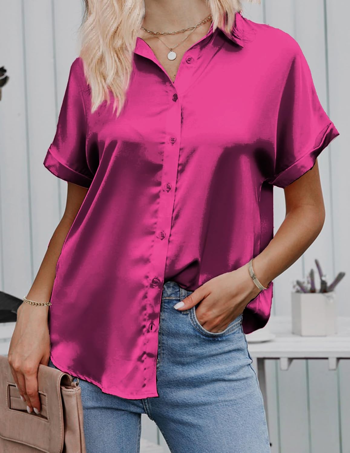 HOTOUCH Silk Button Down Shirts for Women Satin Short Sleeve V Neck Casual Work Office Blouse Tunic TopsHot Pink