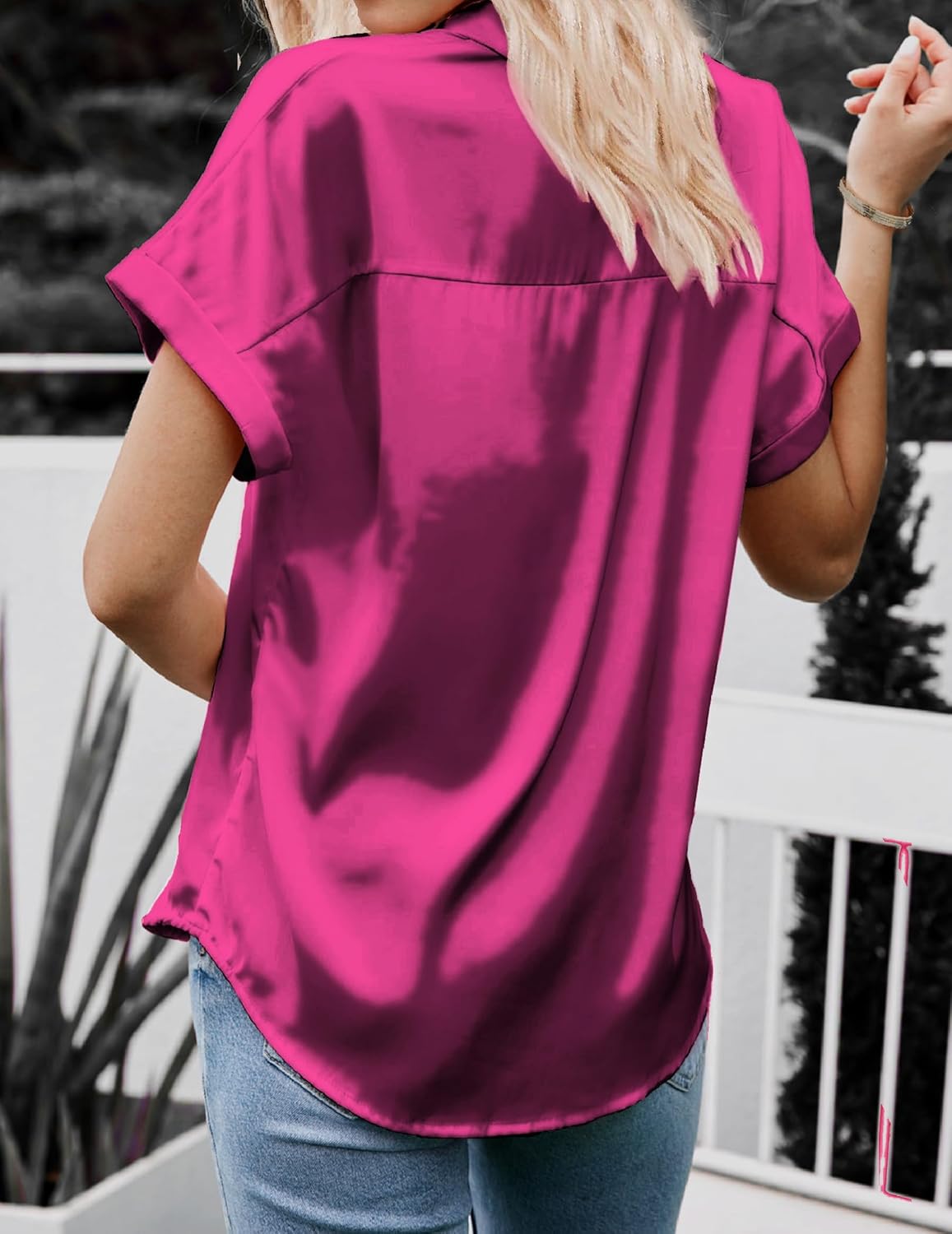 HOTOUCH Silk Button Down Shirts for Women Satin Short Sleeve V Neck Casual Work Office Blouse Tunic TopsHot Pink