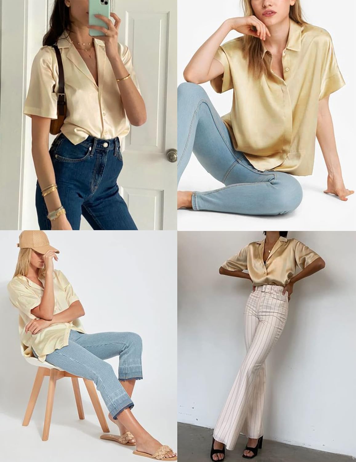 HOTOUCH Silk Button Down Shirts for Women Satin Short Sleeve V Neck Casual Work Office Blouse Tunic TopsKhaki