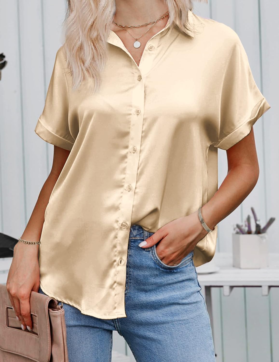 HOTOUCH Silk Button Down Shirts for Women Satin Short Sleeve V Neck Casual Work Office Blouse Tunic TopsKhaki