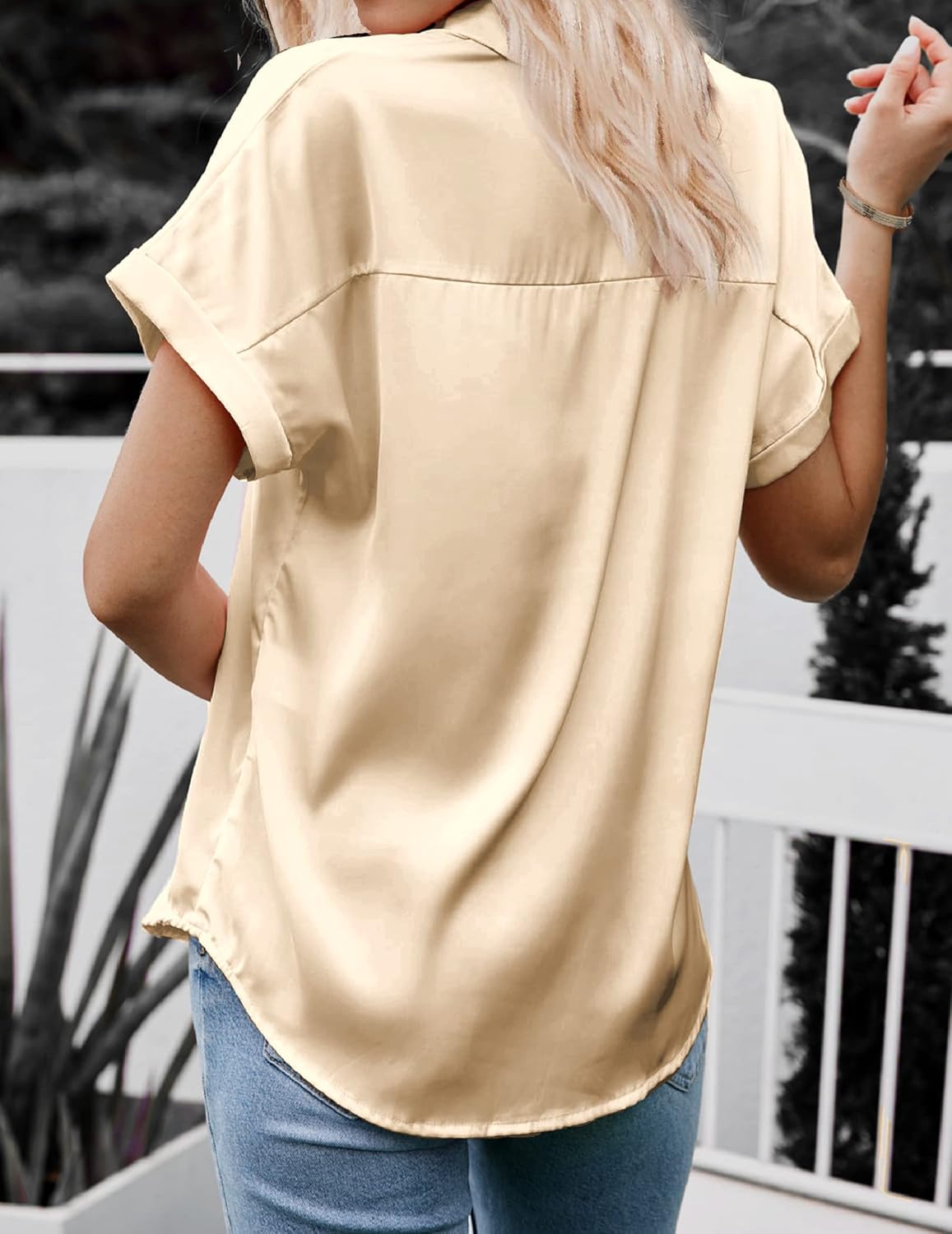 HOTOUCH Silk Button Down Shirts for Women Satin Short Sleeve V Neck Casual Work Office Blouse Tunic TopsKhaki