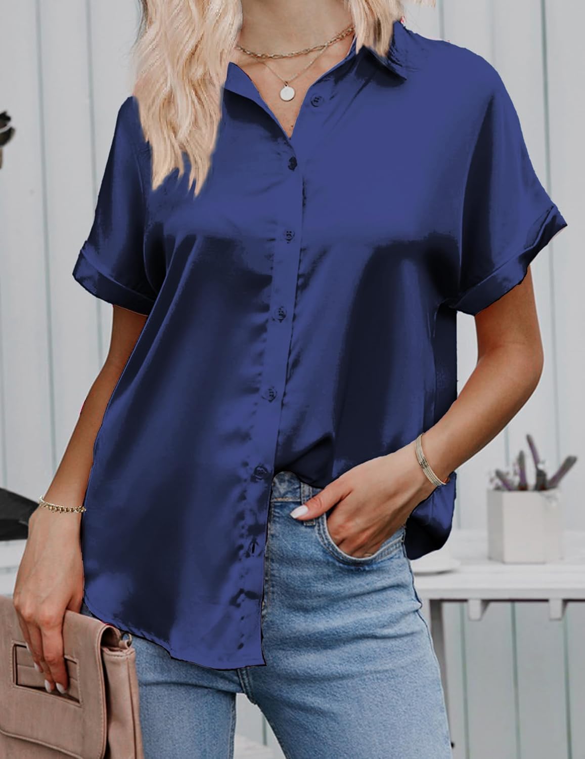 HOTOUCH Silk Button Down Shirts for Women Satin Short Sleeve V Neck Casual Work Office Blouse Tunic TopsNavy Blue