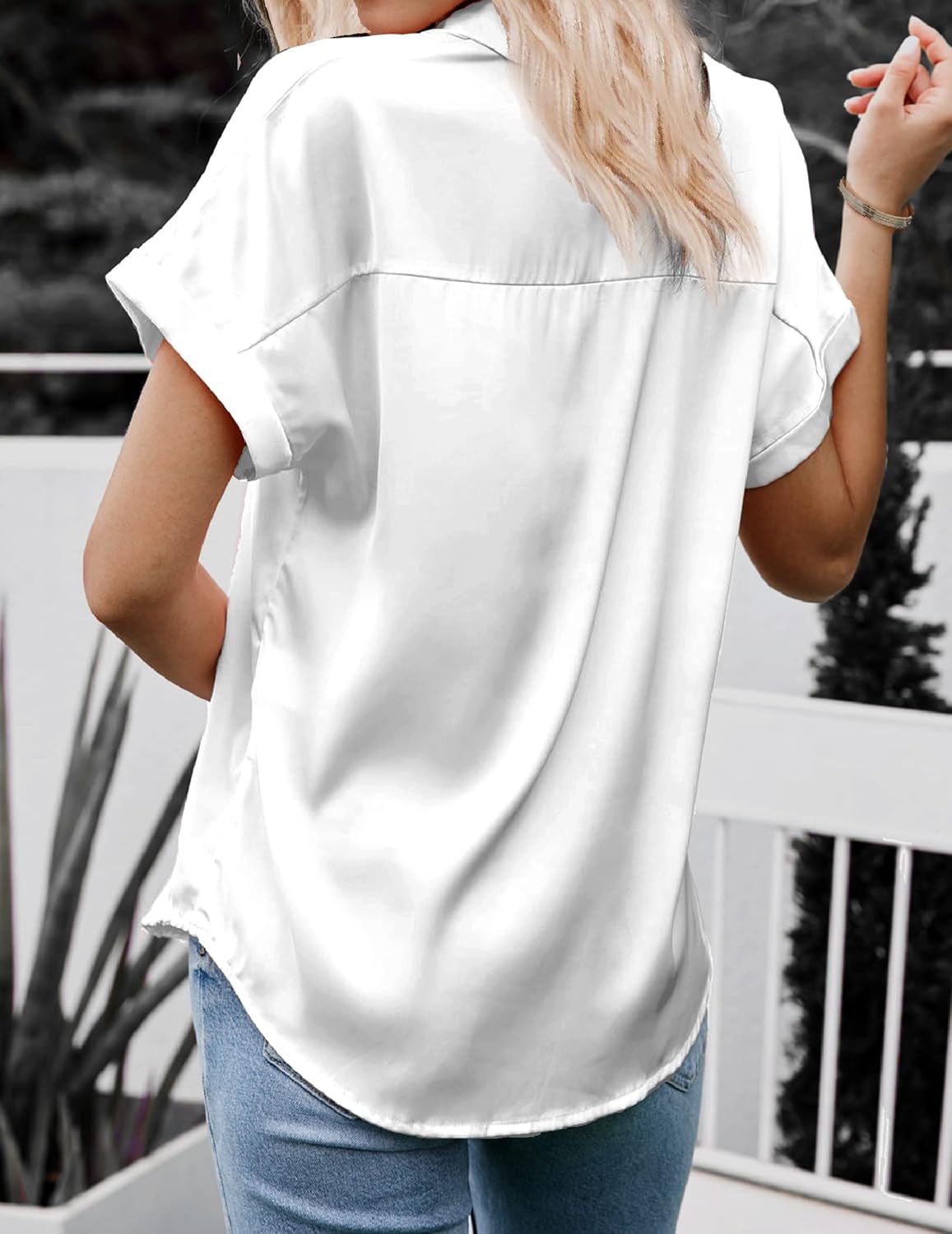 HOTOUCH Silk Button Down Shirts for Women Satin Short Sleeve V Neck Casual Work Office Blouse Tunic TopsWhite
