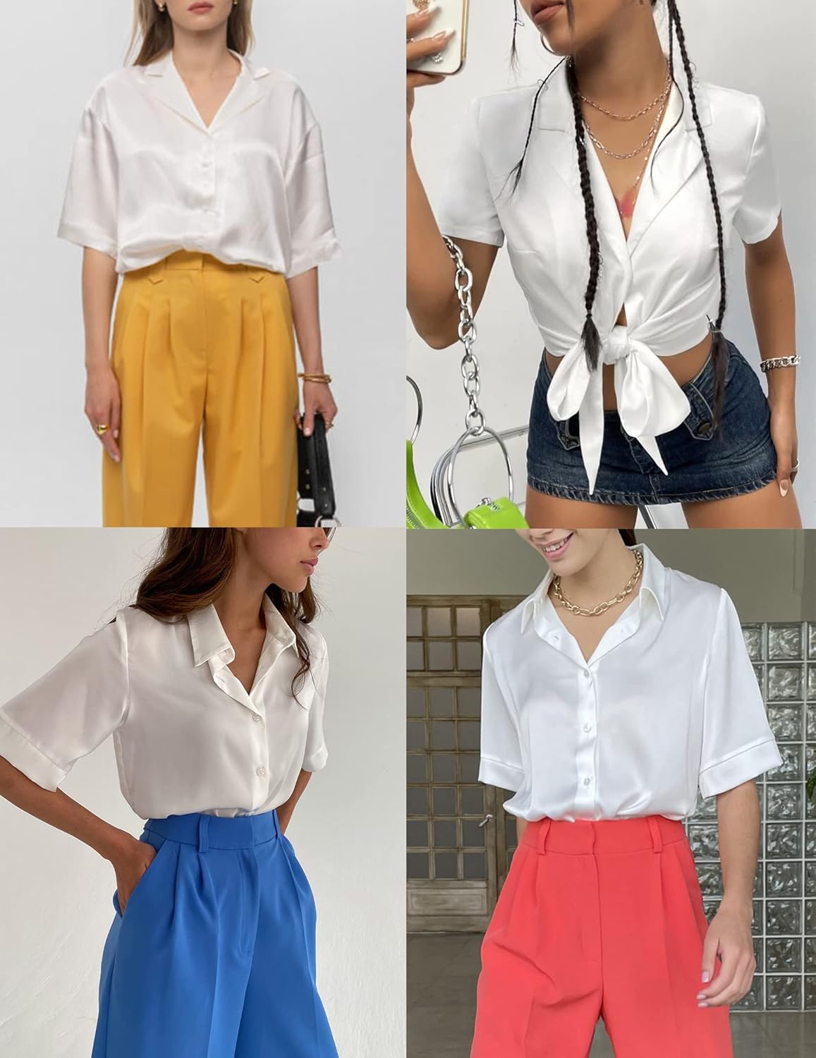 HOTOUCH Silk Button Down Shirts for Women Satin Short Sleeve V Neck Casual Work Office Blouse Tunic TopsWhite