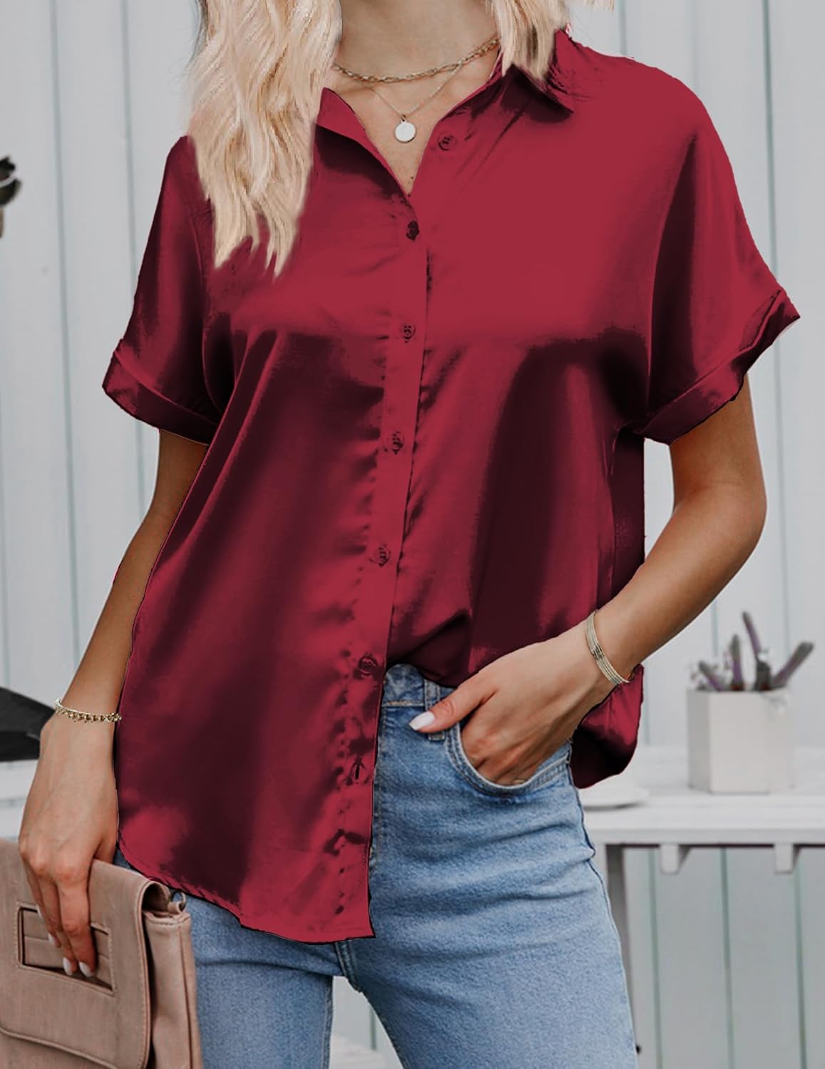 HOTOUCH Silk Button Down Shirts for Women Satin Short Sleeve V Neck Casual Work Office Blouse Tunic TopsWine Red