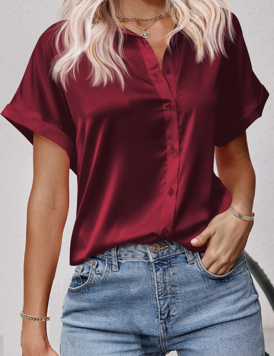 HOTOUCH Silk Button Down Shirts for Women Satin Short Sleeve V Neck Casual Work Office Blouse Tunic TopsWine Red