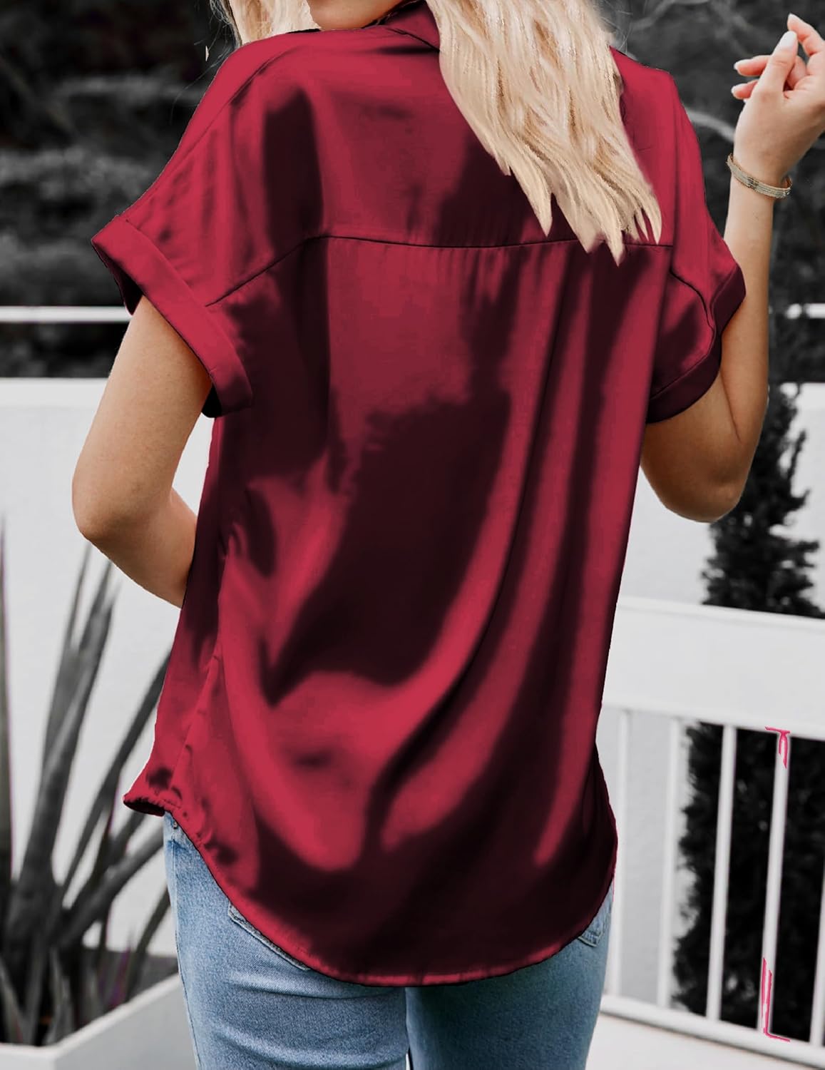 HOTOUCH Silk Button Down Shirts for Women Satin Short Sleeve V Neck Casual Work Office Blouse Tunic TopsWine Red