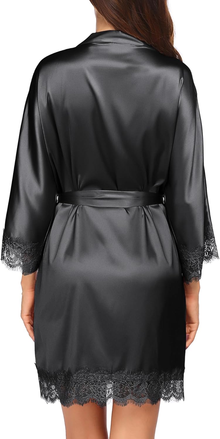 HOTOUCH Silk Robes for Women Short Lace Trim Satin Bride Robe 34 Sleeve Sexy Kimono Robe Sleepwear with PocketsA Black