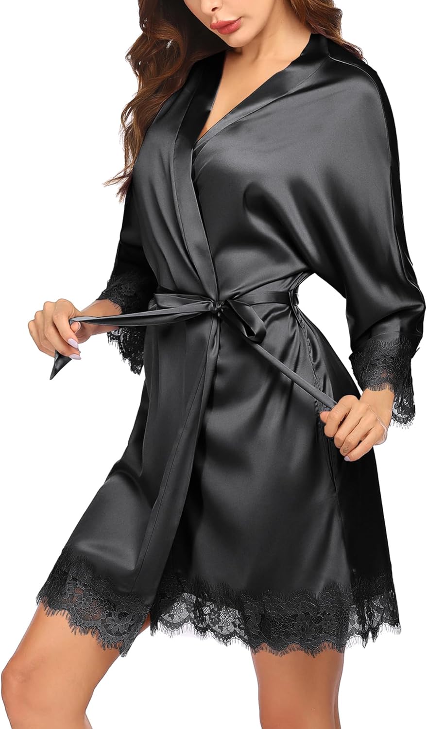 HOTOUCH Silk Robes for Women Short Lace Trim Satin Bride Robe 34 Sleeve Sexy Kimono Robe Sleepwear with PocketsA Black