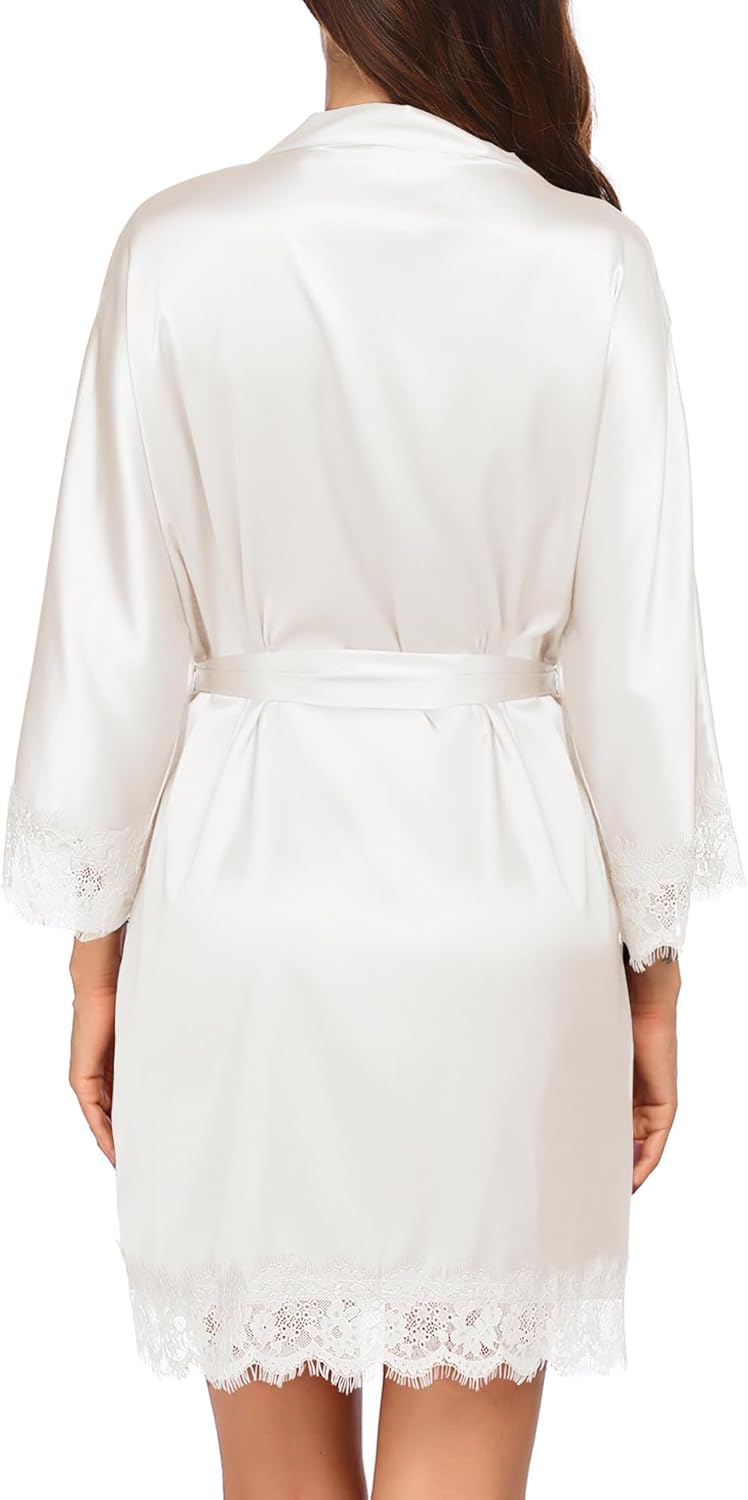 HOTOUCH Silk Robes for Women Short Lace Trim Satin Bride Robe 34 Sleeve Sexy Kimono Robe Sleepwear with PocketsA White