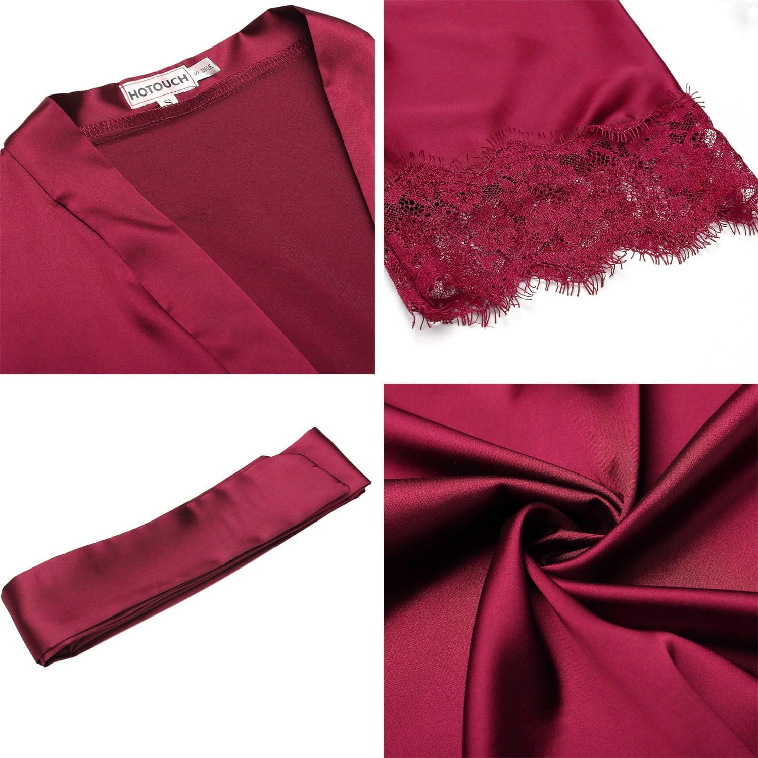HOTOUCH Silk Robes for Women Short Lace Trim Satin Bride Robe 34 Sleeve Sexy Kimono Robe Sleepwear with PocketsA Wine Red