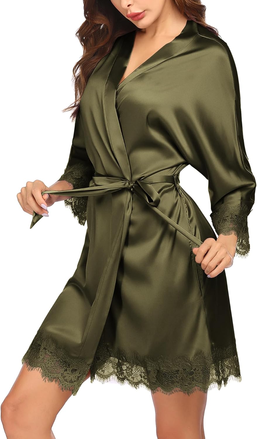 HOTOUCH Silk Robes for Women Short Lace Trim Satin Bride Robe 34 Sleeve Sexy Kimono Robe Sleepwear with PocketsArmy Green