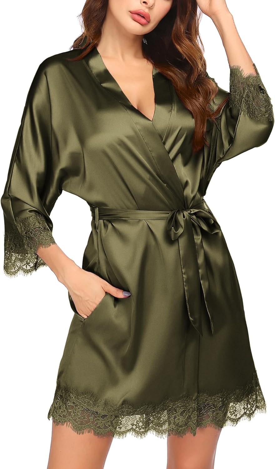 HOTOUCH Silk Robes for Women Short Lace Trim Satin Bride Robe 34 Sleeve Sexy Kimono Robe Sleepwear with PocketsArmy Green
