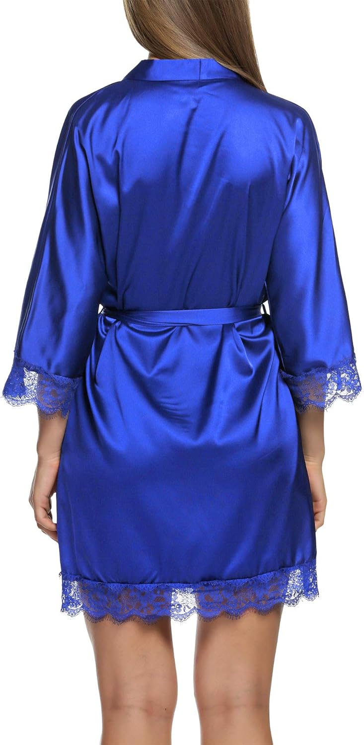 HOTOUCH Silk Robes for Women Short Lace Trim Satin Bride Robe 34 Sleeve Sexy Kimono Robe Sleepwear with PocketsBlue