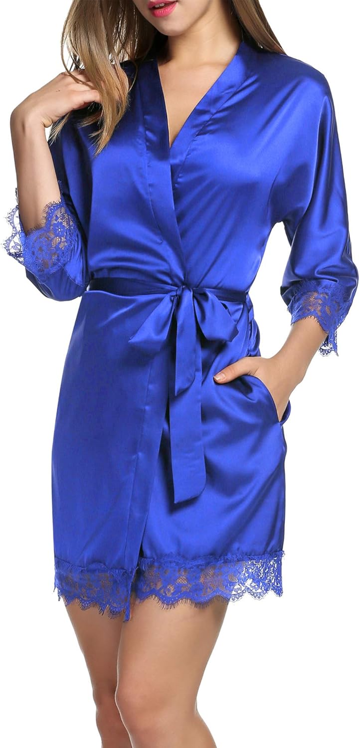 HOTOUCH Silk Robes for Women Short Lace Trim Satin Bride Robe 34 Sleeve Sexy Kimono Robe Sleepwear with PocketsBlue