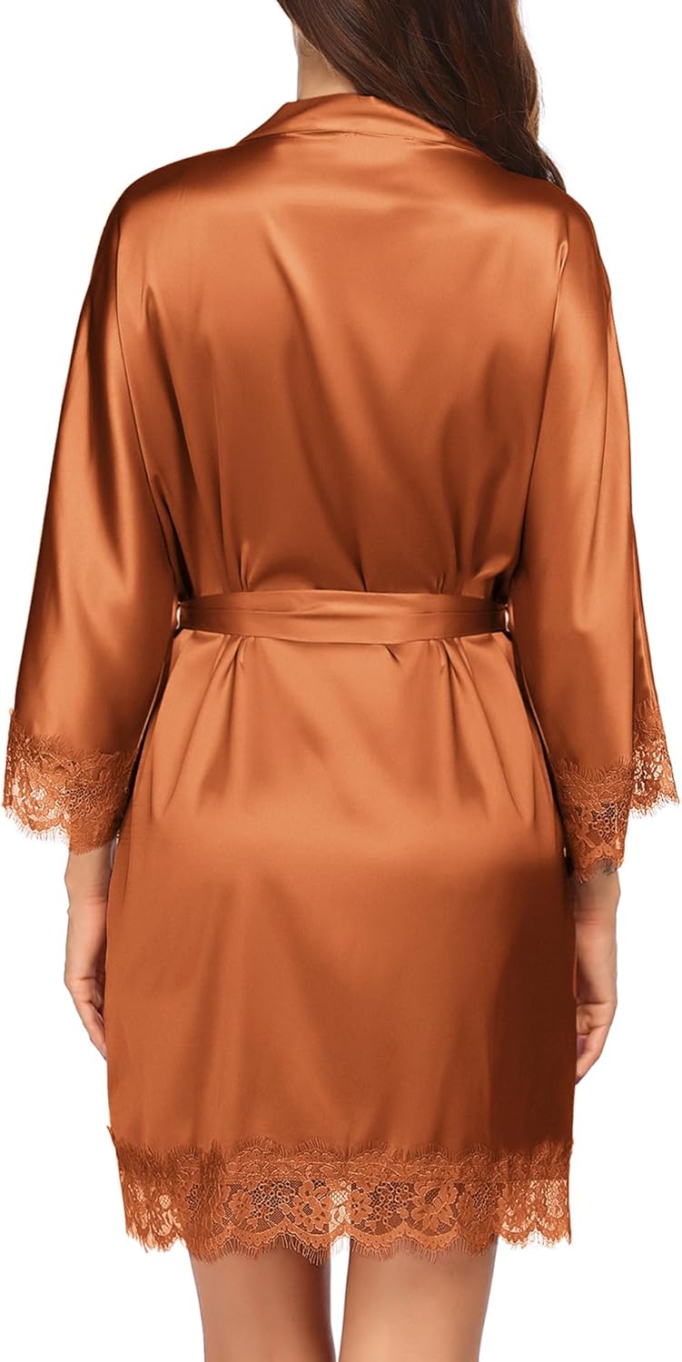 HOTOUCH Silk Robes for Women Short Lace Trim Satin Bride Robe 34 Sleeve Sexy Kimono Robe Sleepwear with PocketsCaramel