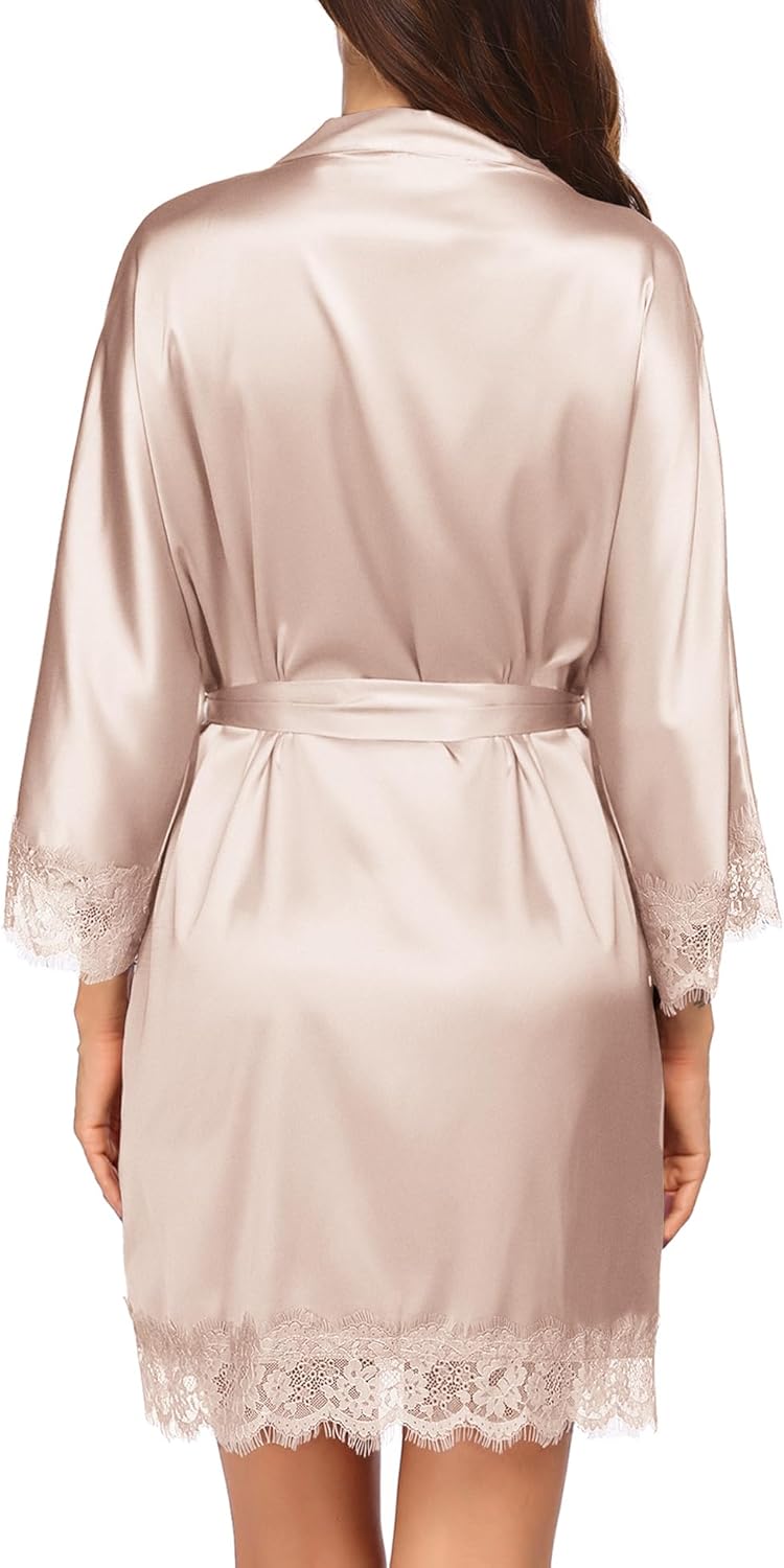 HOTOUCH Silk Robes for Women Short Lace Trim Satin Bride Robe 34 Sleeve Sexy Kimono Robe Sleepwear with PocketsChampagne