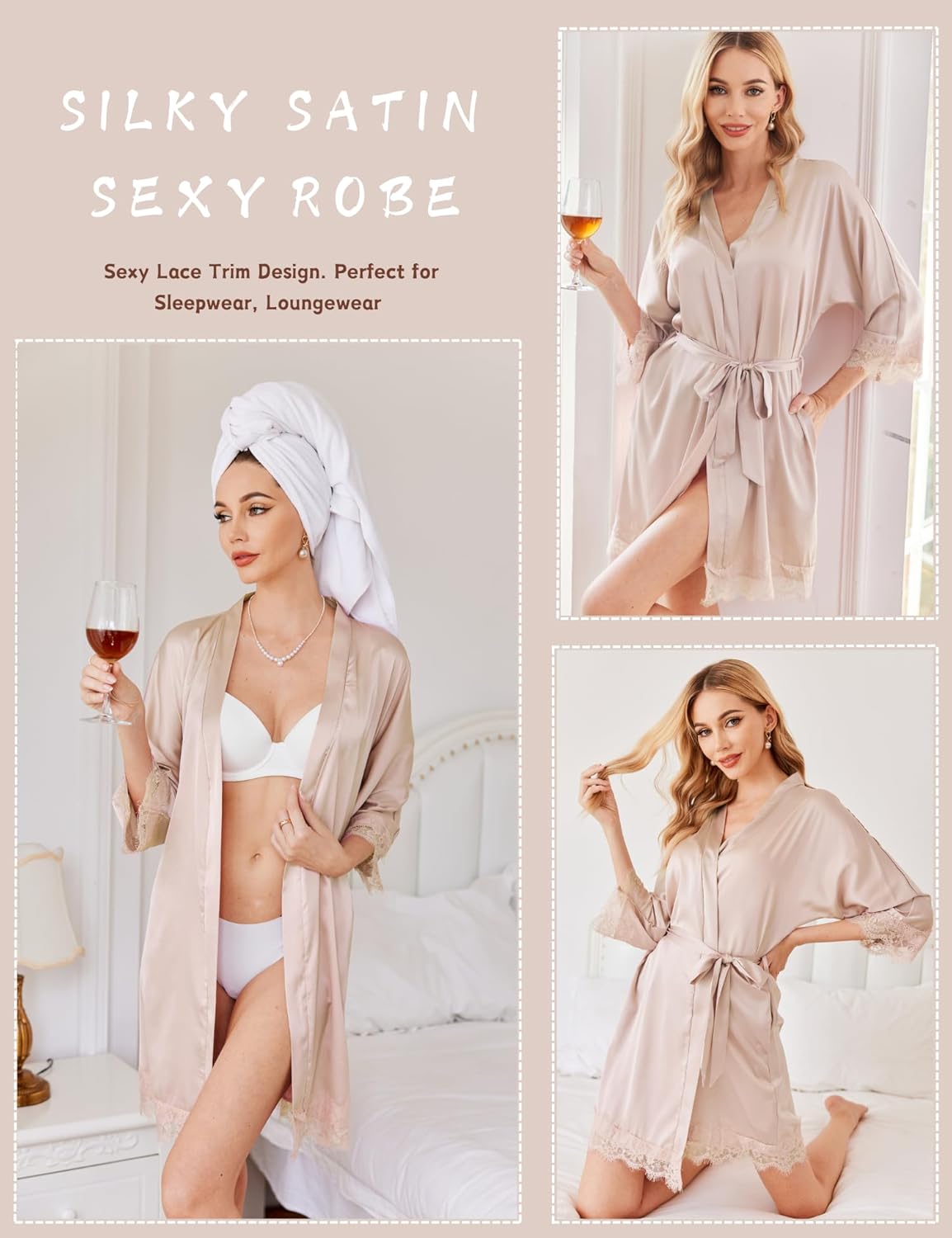 HOTOUCH Silk Robes for Women Short Lace Trim Satin Bride Robe 34 Sleeve Sexy Kimono Robe Sleepwear with PocketsChampagne
