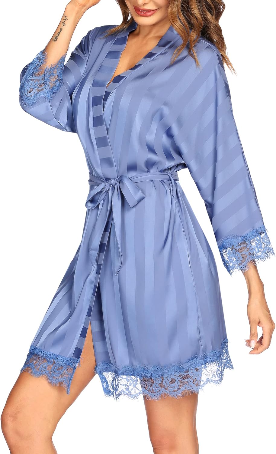 HOTOUCH Silk Robes for Women Short Lace Trim Satin Bride Robe 34 Sleeve Sexy Kimono Robe Sleepwear with PocketsDark Blue