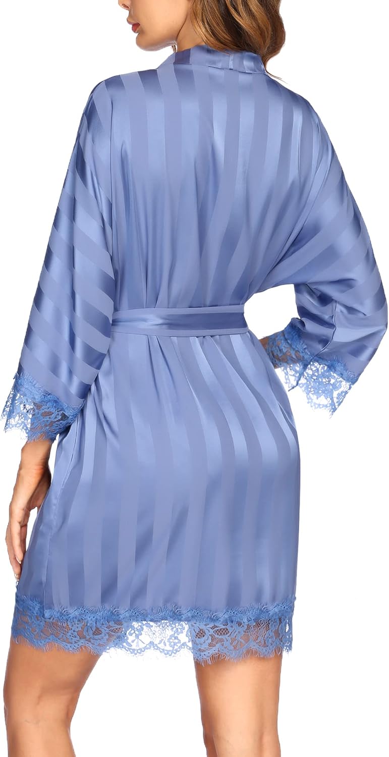 HOTOUCH Silk Robes for Women Short Lace Trim Satin Bride Robe 34 Sleeve Sexy Kimono Robe Sleepwear with PocketsDark Blue