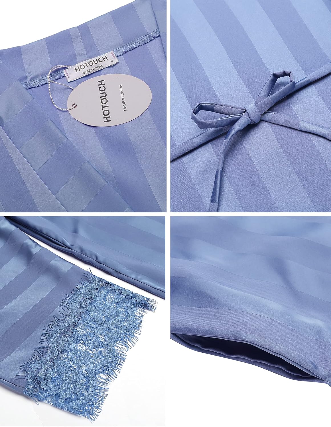 HOTOUCH Silk Robes for Women Short Lace Trim Satin Bride Robe 34 Sleeve Sexy Kimono Robe Sleepwear with PocketsDark Blue