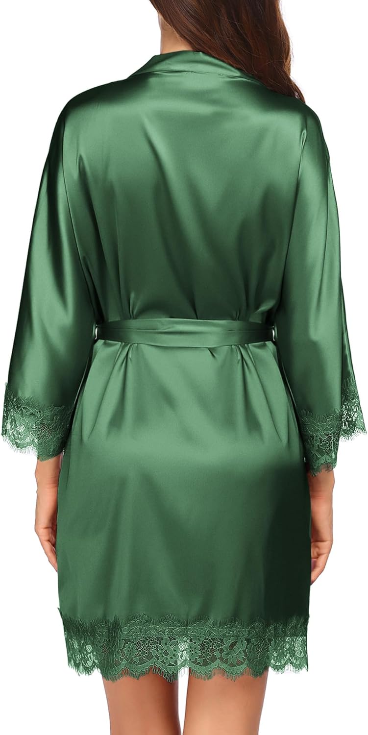 HOTOUCH Silk Robes for Women Short Lace Trim Satin Bride Robe 34 Sleeve Sexy Kimono Robe Sleepwear with PocketsDeep Green