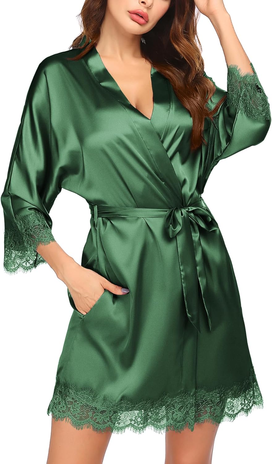 HOTOUCH Silk Robes for Women Short Lace Trim Satin Bride Robe 34 Sleeve Sexy Kimono Robe Sleepwear with PocketsDeep Green