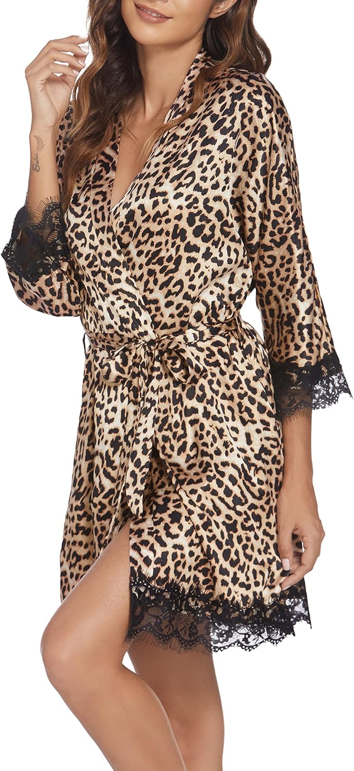 HOTOUCH Silk Robes for Women Short Lace Trim Satin Bride Robe 34 Sleeve Sexy Kimono Robe Sleepwear with PocketsLeopard