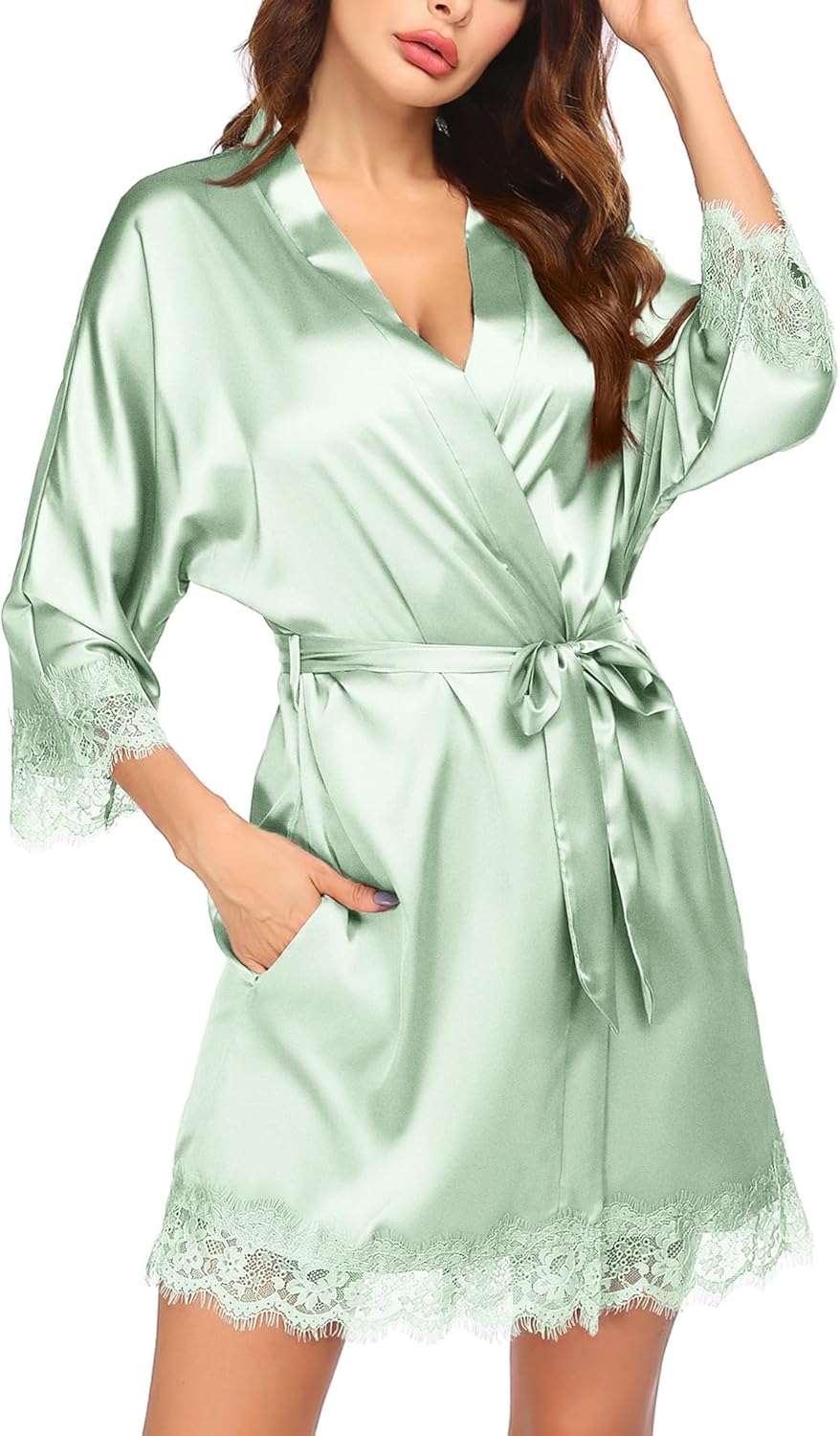 HOTOUCH Silk Robes for Women Short Lace Trim Satin Bride Robe 34 Sleeve Sexy Kimono Robe Sleepwear with PocketsLight Green
