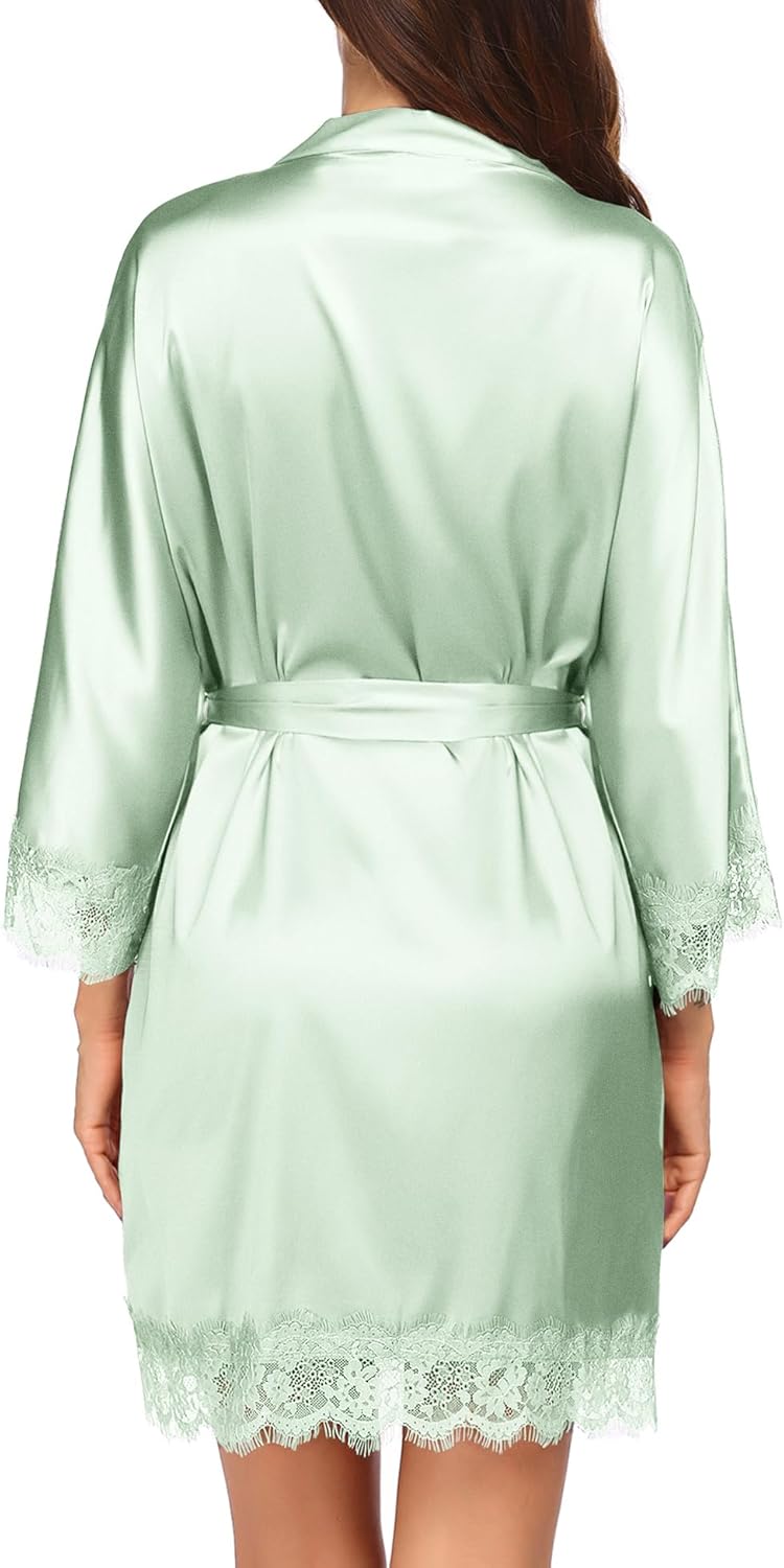 HOTOUCH Silk Robes for Women Short Lace Trim Satin Bride Robe 34 Sleeve Sexy Kimono Robe Sleepwear with PocketsLight Green