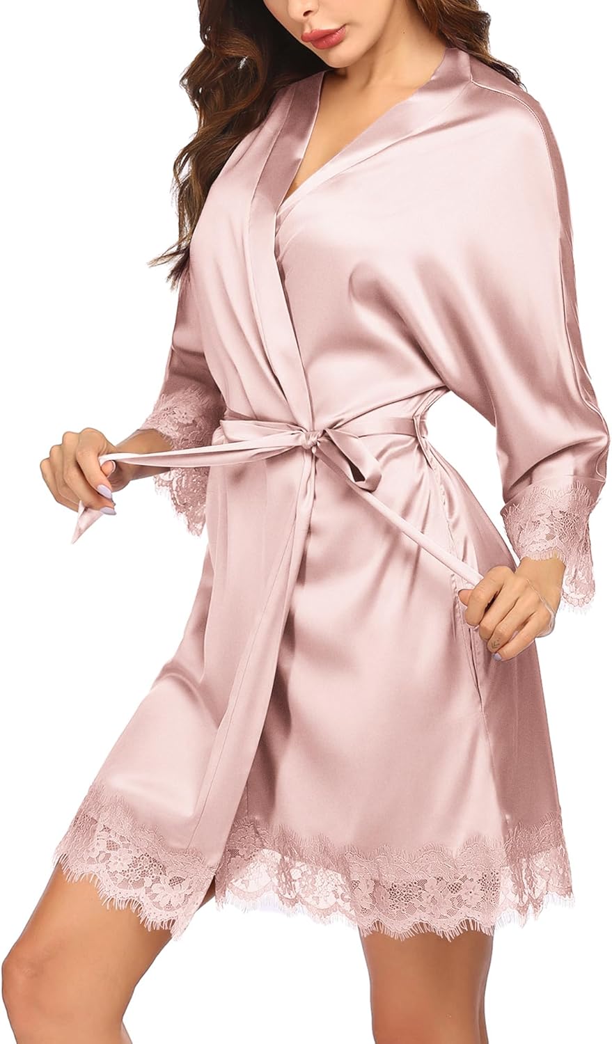 HOTOUCH Silk Robes for Women Short Lace Trim Satin Bride Robe 34 Sleeve Sexy Kimono Robe Sleepwear with PocketsLight Pink