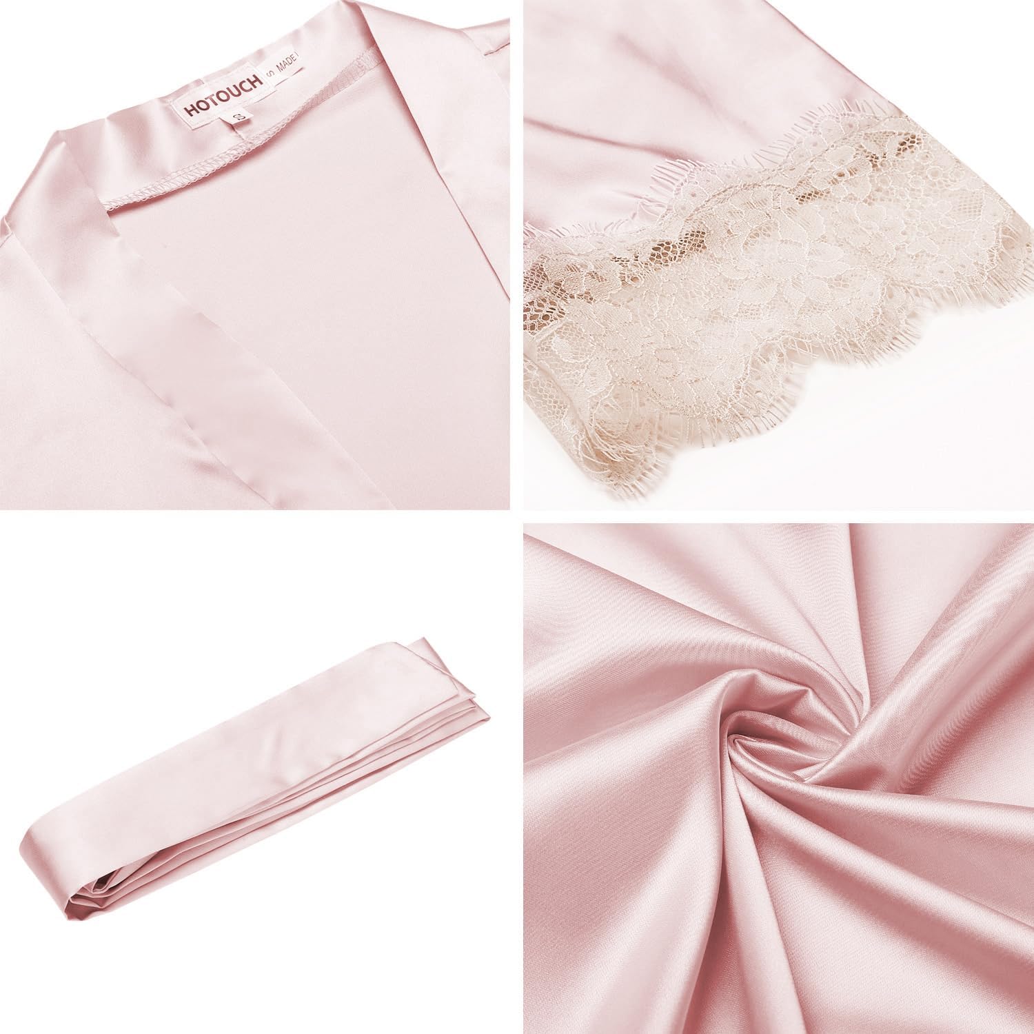 HOTOUCH Silk Robes for Women Short Lace Trim Satin Bride Robe 34 Sleeve Sexy Kimono Robe Sleepwear with PocketsLight Pink