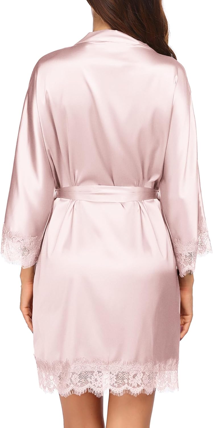 HOTOUCH Silk Robes for Women Short Lace Trim Satin Bride Robe 34 Sleeve Sexy Kimono Robe Sleepwear with PocketsLight Pink