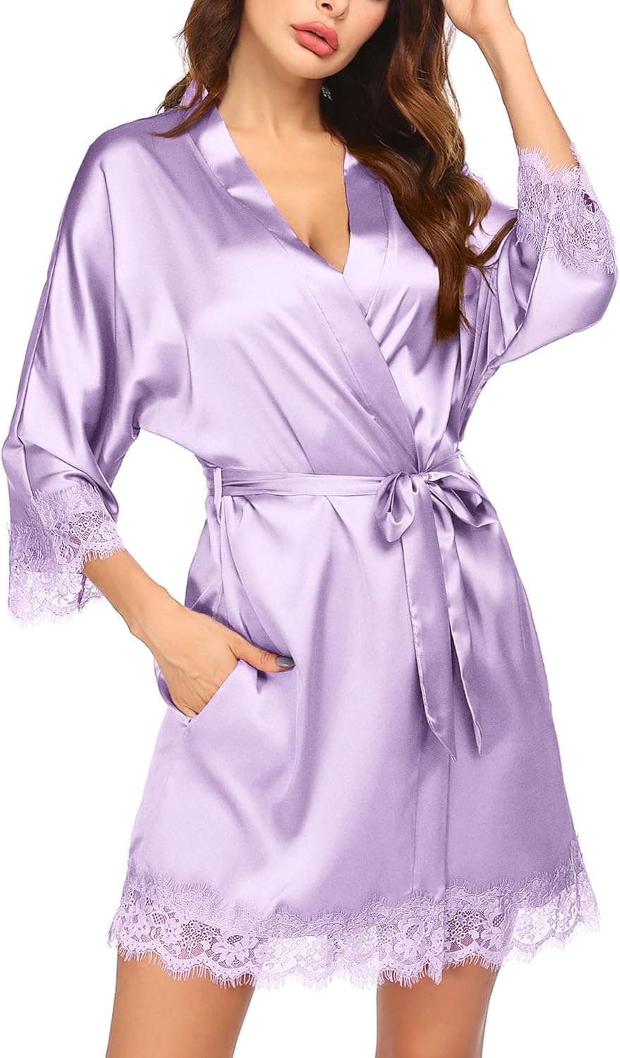 HOTOUCH Silk Robes for Women Short Lace Trim Satin Bride Robe 34 Sleeve Sexy Kimono Robe Sleepwear with PocketsMauve Mist