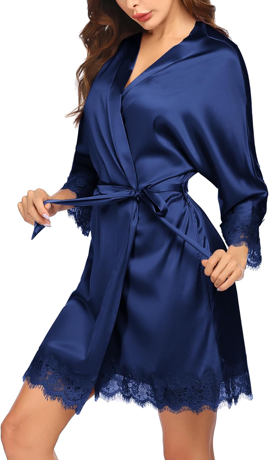 HOTOUCH Silk Robes for Women Short Lace Trim Satin Bride Robe 34 Sleeve Sexy Kimono Robe Sleepwear with PocketsNavy Blue