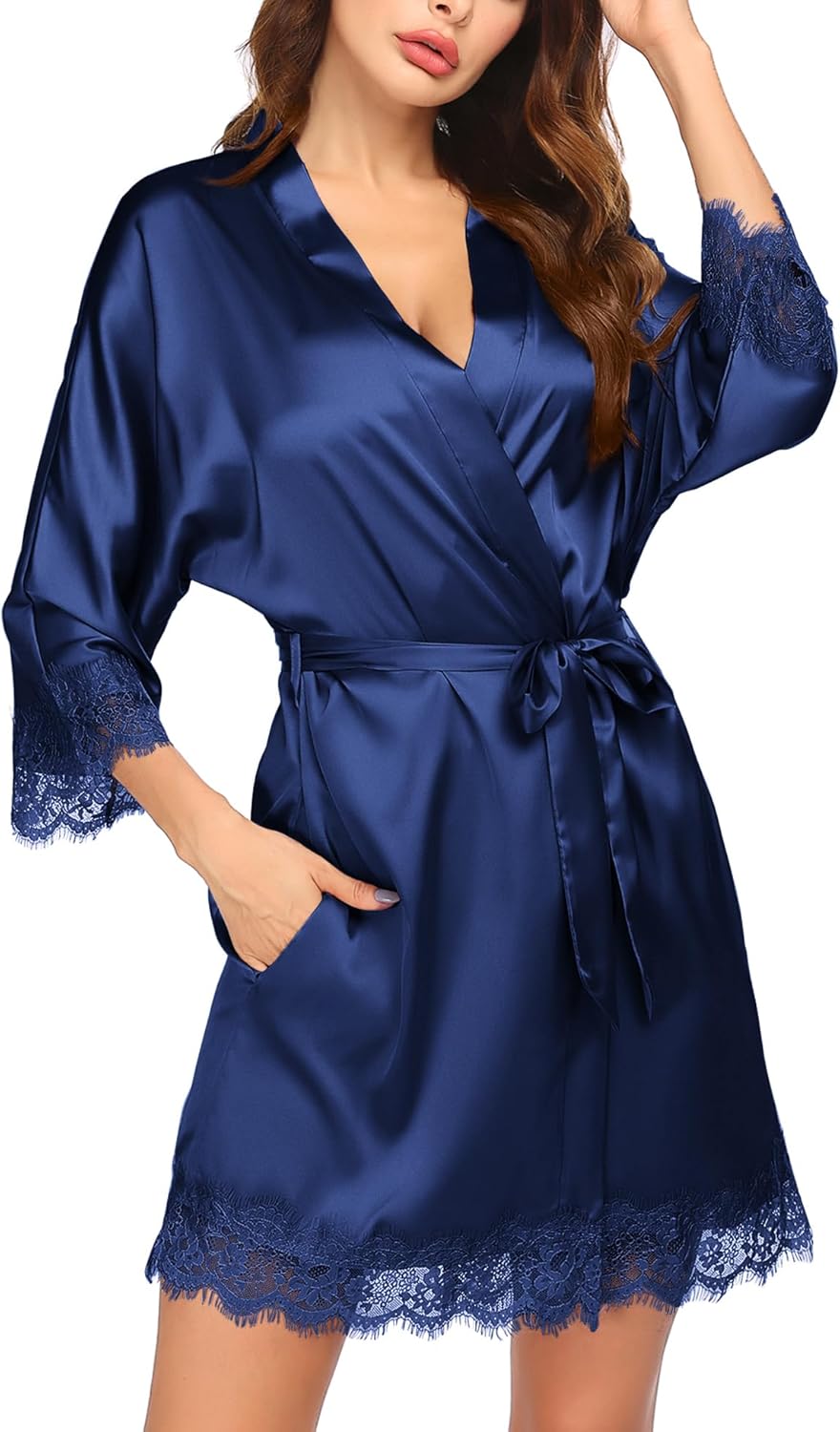 HOTOUCH Silk Robes for Women Short Lace Trim Satin Bride Robe 34 Sleeve Sexy Kimono Robe Sleepwear with PocketsNavy Blue