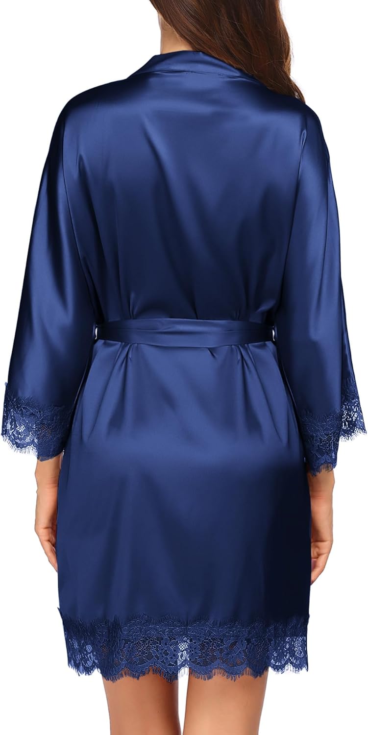 HOTOUCH Silk Robes for Women Short Lace Trim Satin Bride Robe 34 Sleeve Sexy Kimono Robe Sleepwear with PocketsNavy Blue