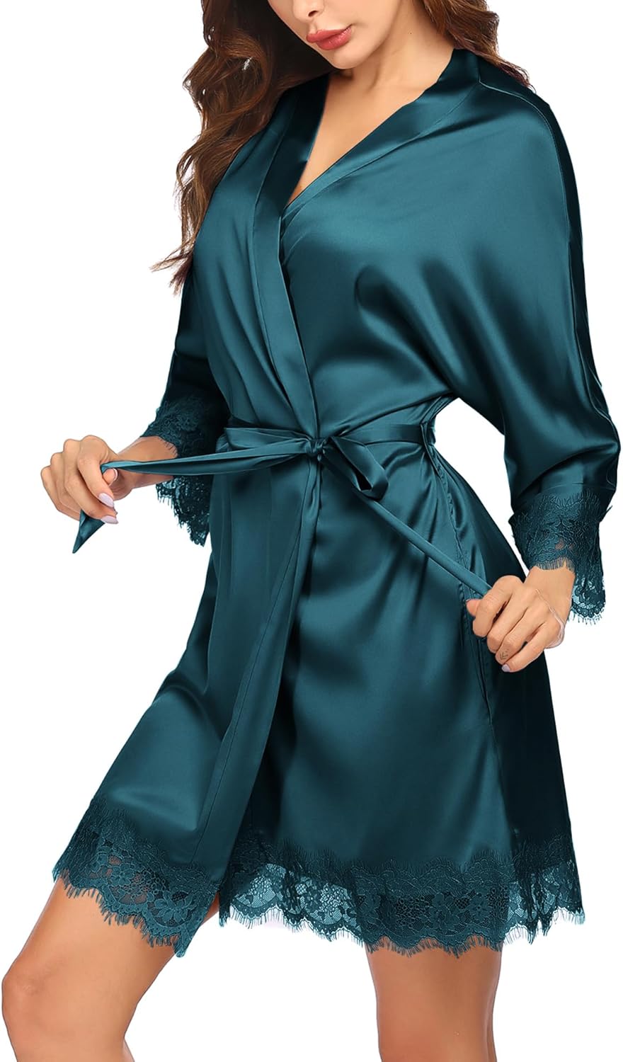 HOTOUCH Silk Robes for Women Short Lace Trim Satin Bride Robe 34 Sleeve Sexy Kimono Robe Sleepwear with PocketsPeacock Blue