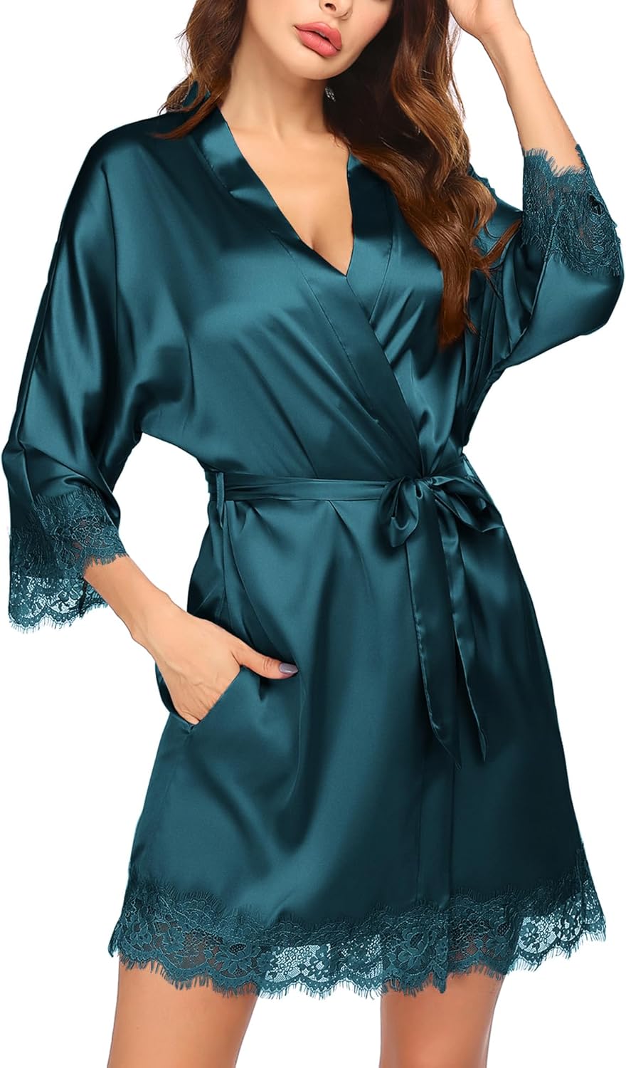 HOTOUCH Silk Robes for Women Short Lace Trim Satin Bride Robe 34 Sleeve Sexy Kimono Robe Sleepwear with PocketsPeacock Blue