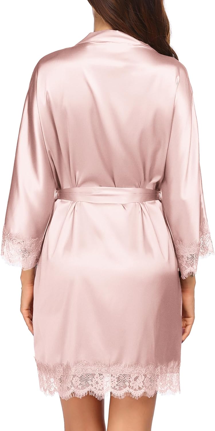HOTOUCH Silk Robes for Women Short Lace Trim Satin Bride Robe 34 Sleeve Sexy Kimono Robe Sleepwear with PocketsPink2