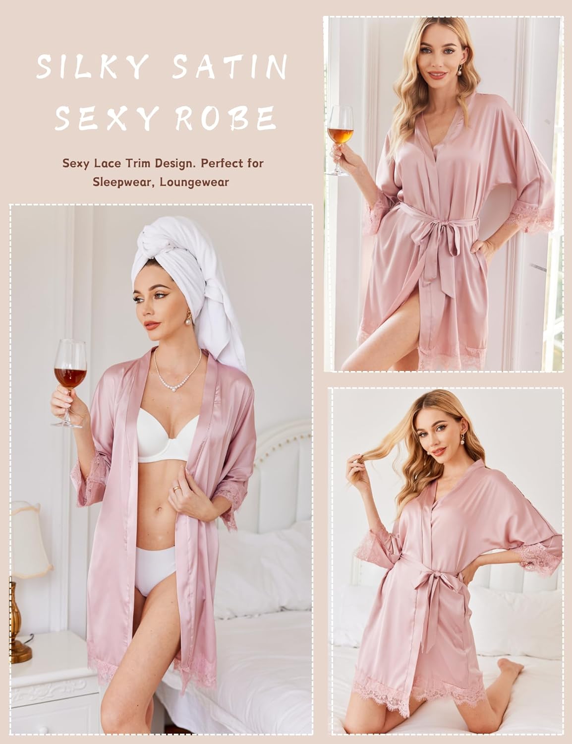 HOTOUCH Silk Robes for Women Short Lace Trim Satin Bride Robe 34 Sleeve Sexy Kimono Robe Sleepwear with PocketsPink2