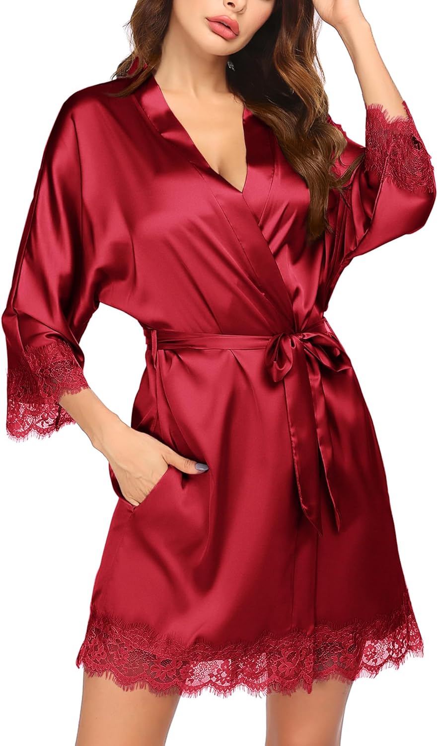 HOTOUCH Silk Robes for Women Short Lace Trim Satin Bride Robe 34 Sleeve Sexy Kimono Robe Sleepwear with PocketsRed