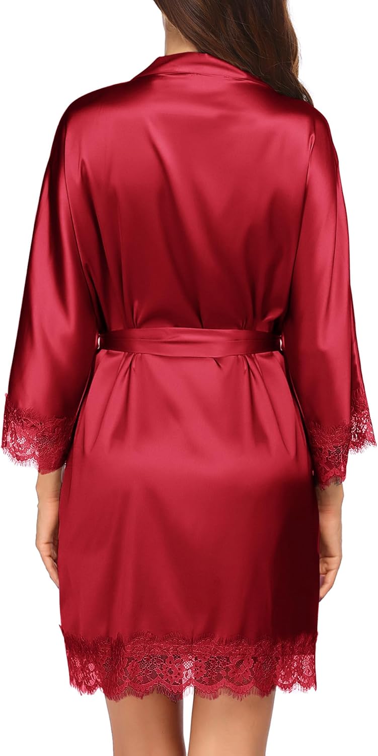 HOTOUCH Silk Robes for Women Short Lace Trim Satin Bride Robe 34 Sleeve Sexy Kimono Robe Sleepwear with PocketsRed
