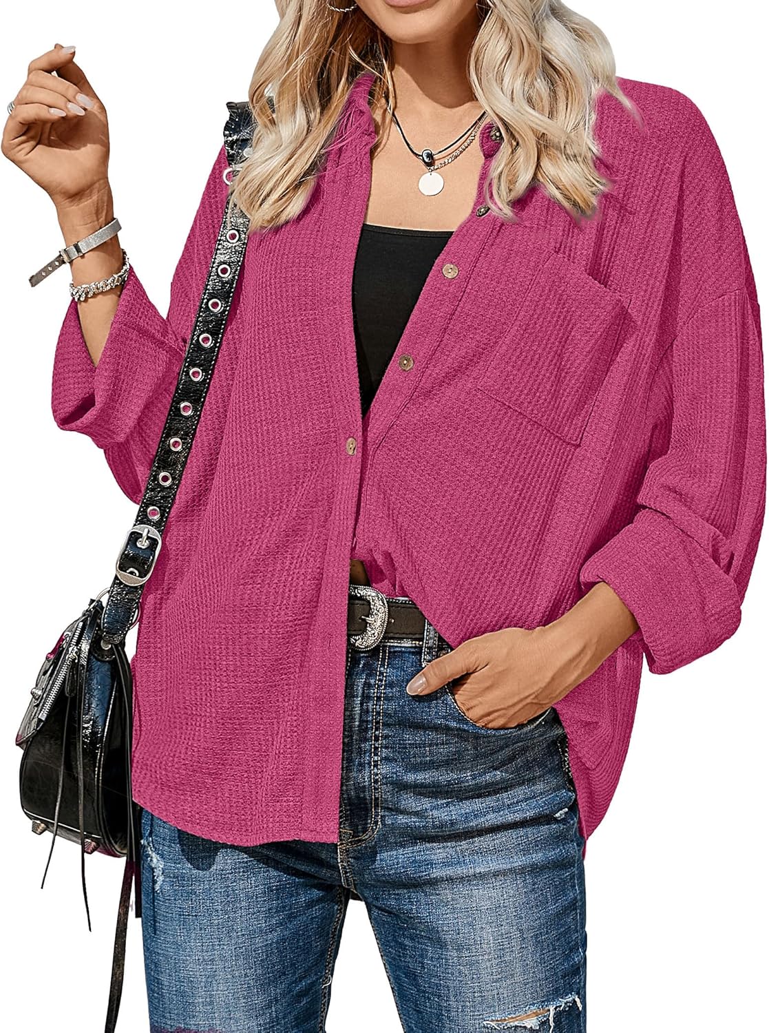 HOTOUCH Waffle Button Down Shirt Women Casual Knit Tops Long Sleeve Loose Fit Shacket with Pocket02hot Pink