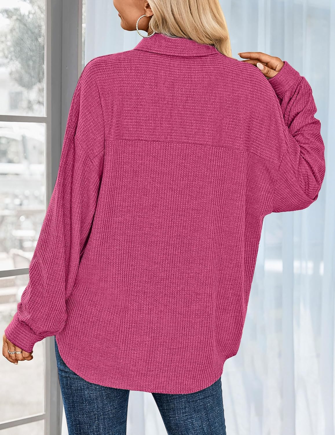 HOTOUCH Waffle Button Down Shirt Women Casual Knit Tops Long Sleeve Loose Fit Shacket with Pocket02hot Pink