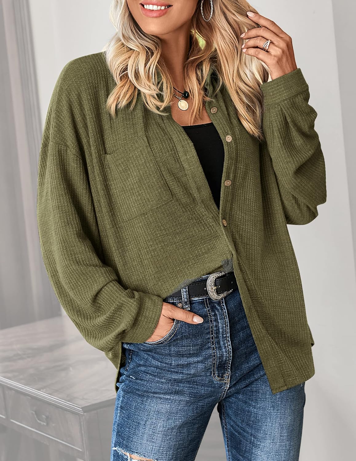HOTOUCH Waffle Button Down Shirt Women Casual Knit Tops Long Sleeve Loose Fit Shacket with PocketArmy Green