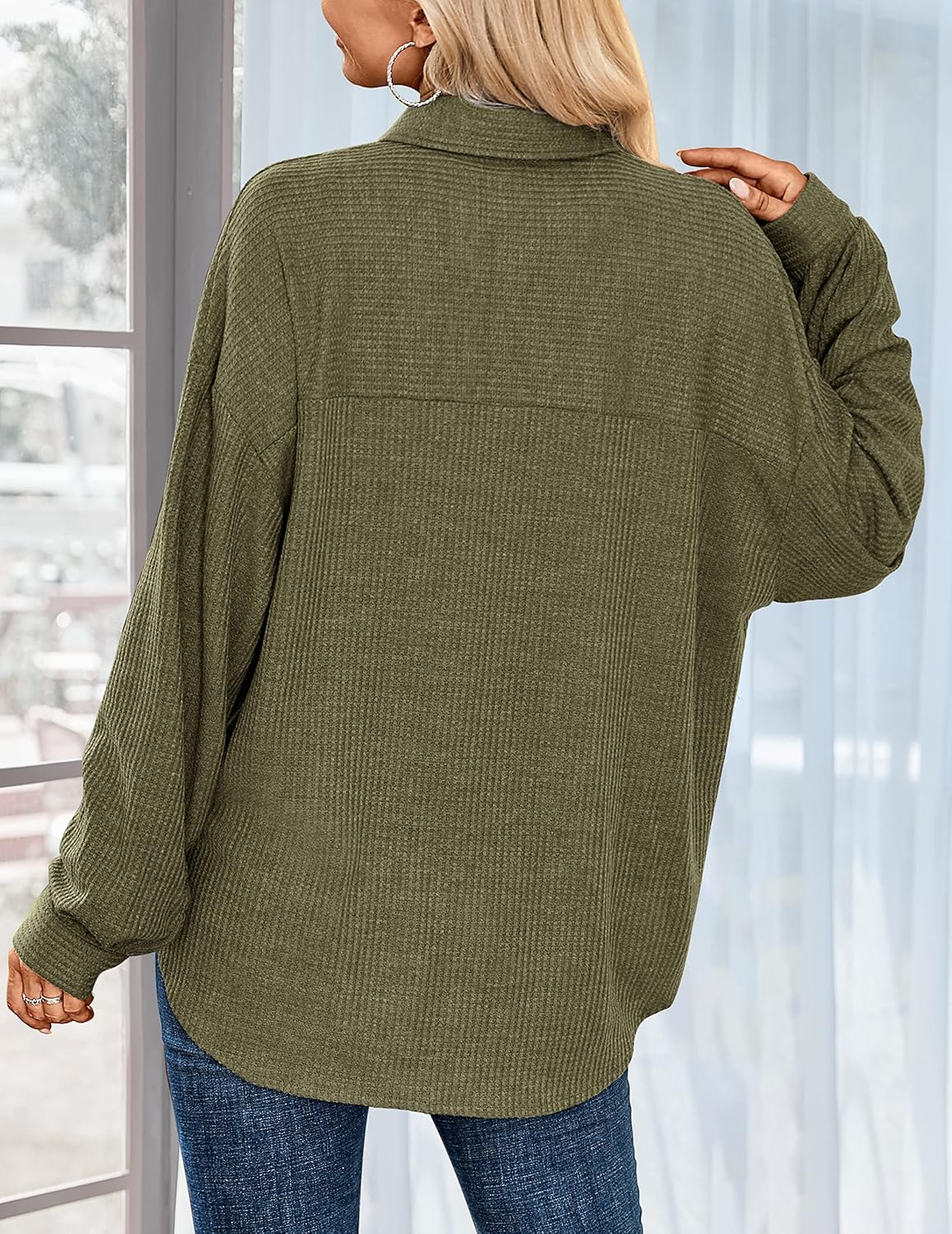 HOTOUCH Waffle Button Down Shirt Women Casual Knit Tops Long Sleeve Loose Fit Shacket with PocketArmy Green