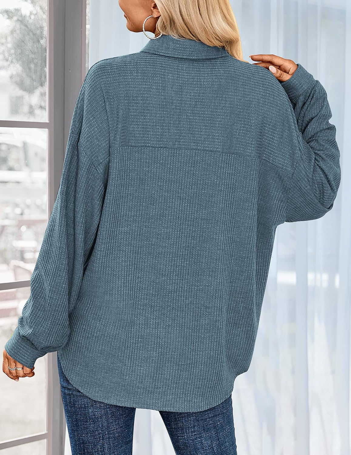 HOTOUCH Waffle Button Down Shirt Women Casual Knit Tops Long Sleeve Loose Fit Shacket with PocketClear Blue